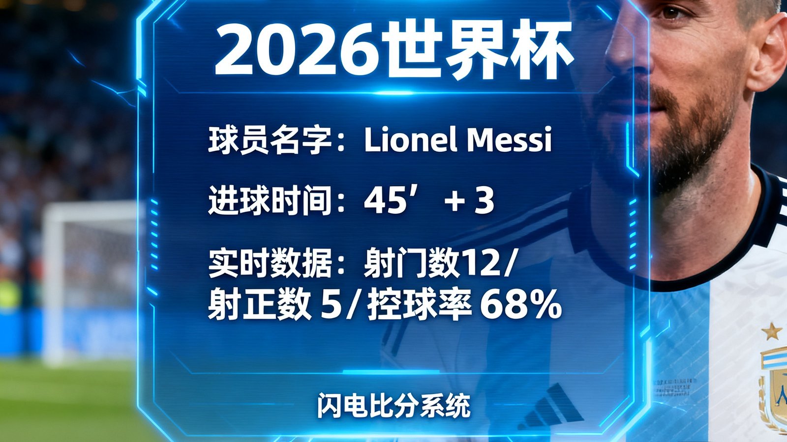 2026世界杯闪电比分系统显示进球弹窗，包含球员名字、进球时间和实时数据